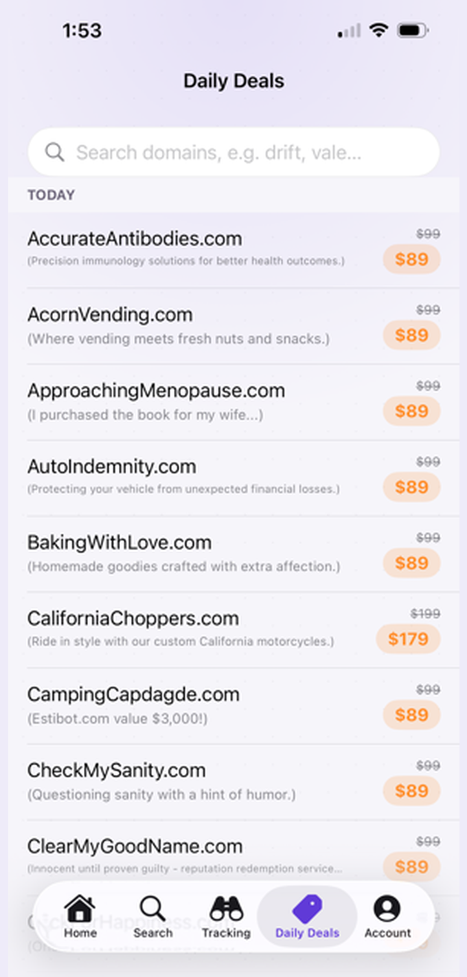 JustDropped app Daily Deals storefront listing domains for sale