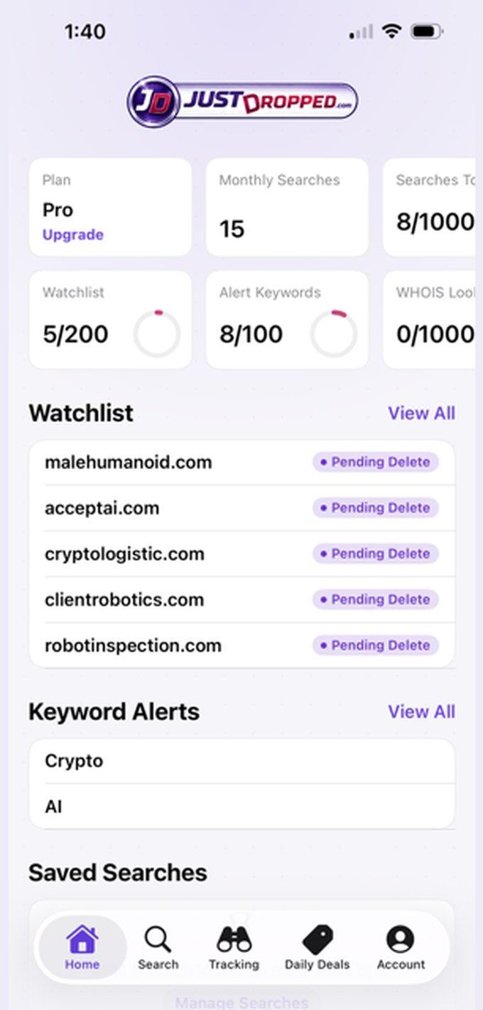 JustDropped app home screen showing plan usage, watchlist, and keyword alerts