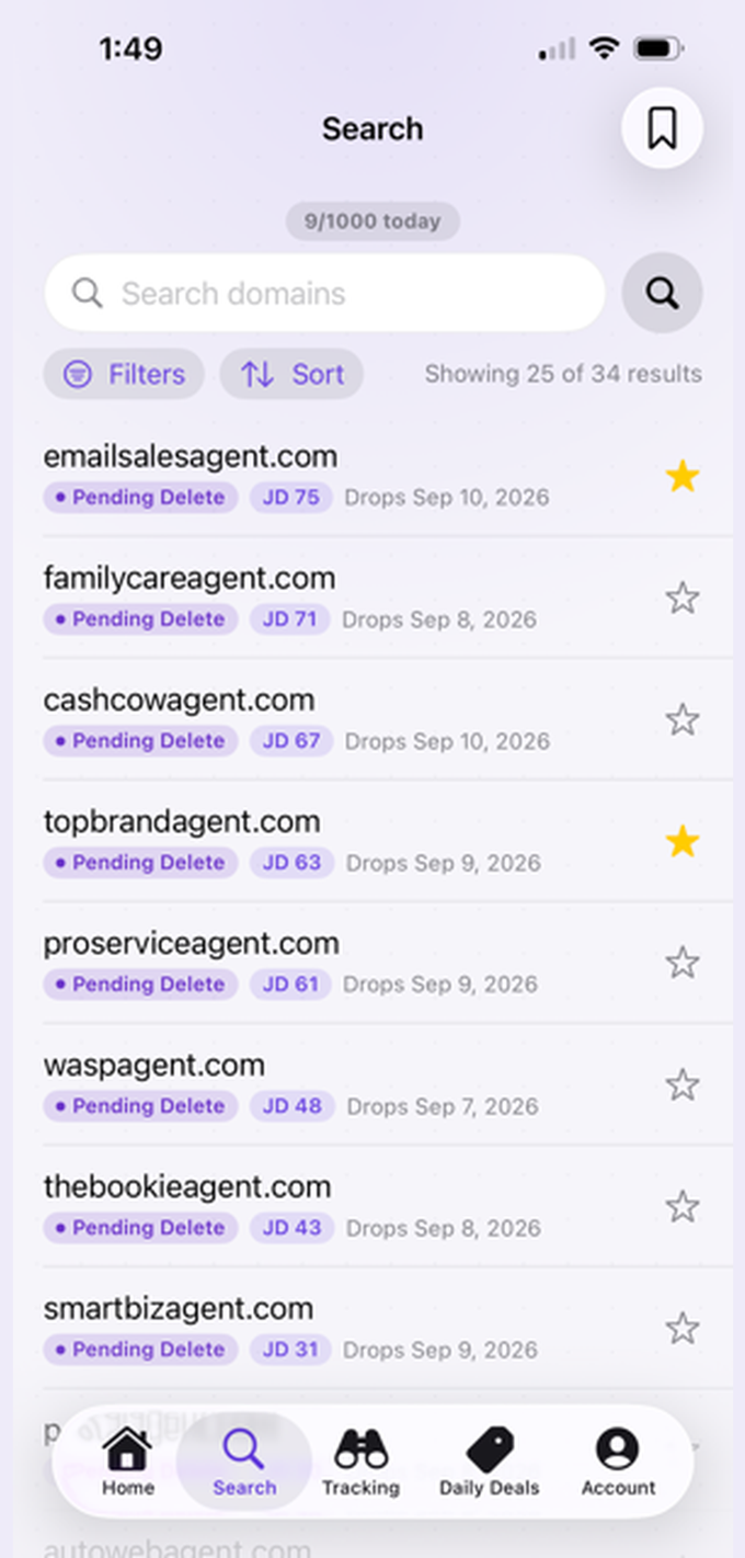 JustDropped app domain search results with JD Score and drop dates