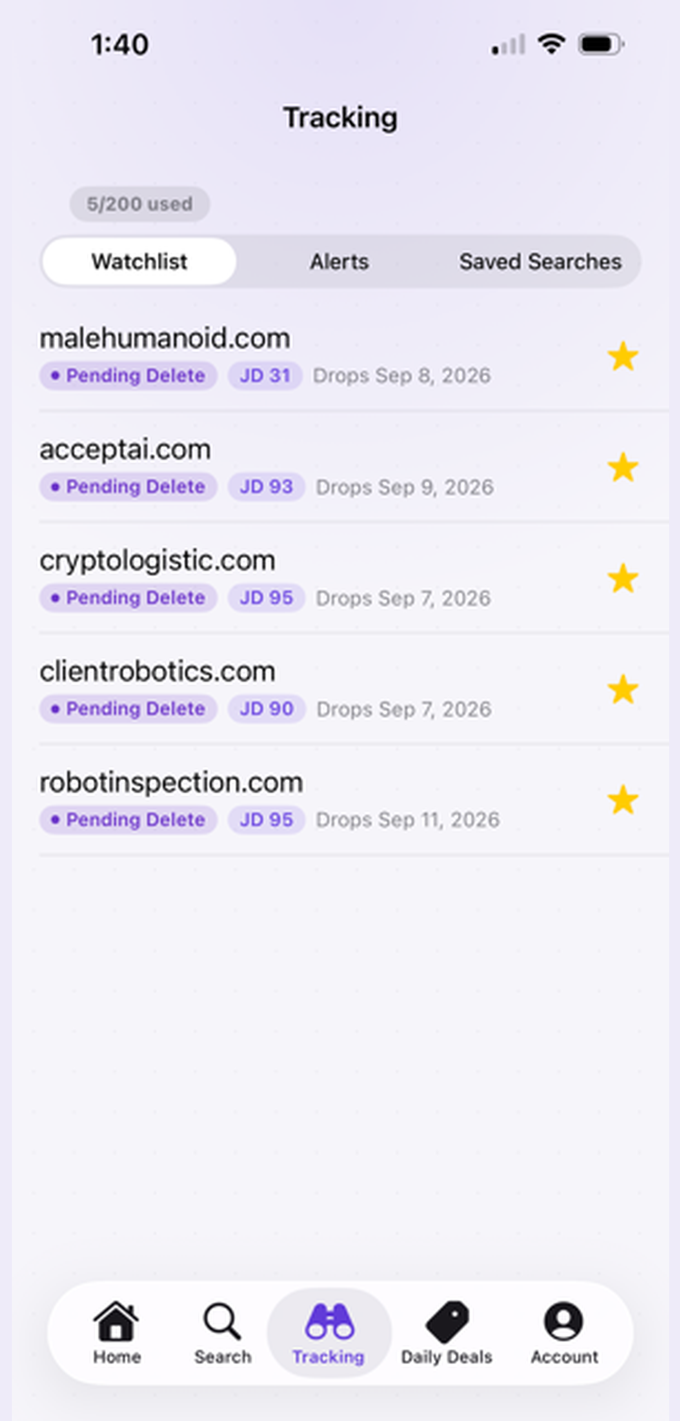 JustDropped app tracking tab with the watchlist of saved domains